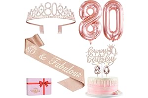 YEOHJOY 80th Birthday Decorations for Women, Include 80th Birthday Sash and Tiara, Cake Topper and Candles, Number Balloons, Greeting Card, 80 Year Old Gifts for Women