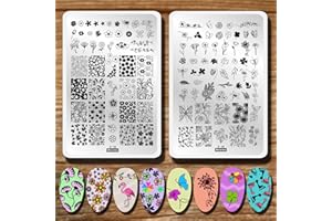 MEZERDOO Flowers Leaf Nail Stamping Plates 2pcs Large Nail Stamper Plate Daisy Flower Flamingo Butterfly Image Stamp Templates Reusable Stencils Clover Plantillas Manicure Stamping Plate Template for Girls
