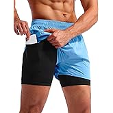 Pudolla Men’s 2 in 1 Running Shorts 5" Quick Dry Gym Athletic Workout Shorts for Men with Phone Pockets