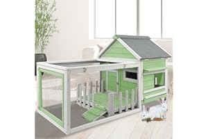 Ketive Outdoor Large Wooden Rabbit Hutch with White Picket Fence Front Porch Rabbit Cage with Run Indoor Bunny Hutch Guinea Pig House Pet Bunny Cage with Ramp, Pull Out Tray, Openable Asphalt Roof