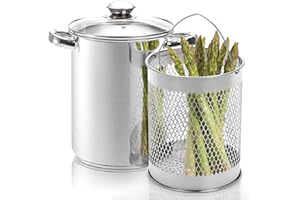 AVLA Asparagus Pot, 4 Quart Stainless Steel Steamer Cooker, Vegetable Asparagus Cooker with Removable Basket and Lid for Pasta, Spaghetti, Boiled Eggs, Shrimp, Oil Deep Fry Pan for French Fries