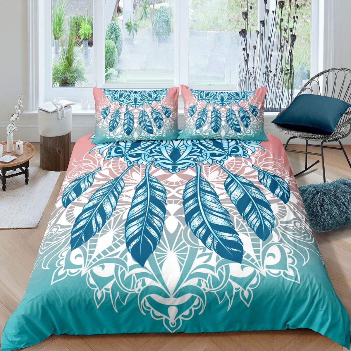 Ethnic Mandala Duvet Cover Dreamcatcher Bedding Set for Kids Boys Girls Teens Bohemian Style Comforter Cover Indian Hippie Feather Bedding & Linen 3Pcs Zipper Double