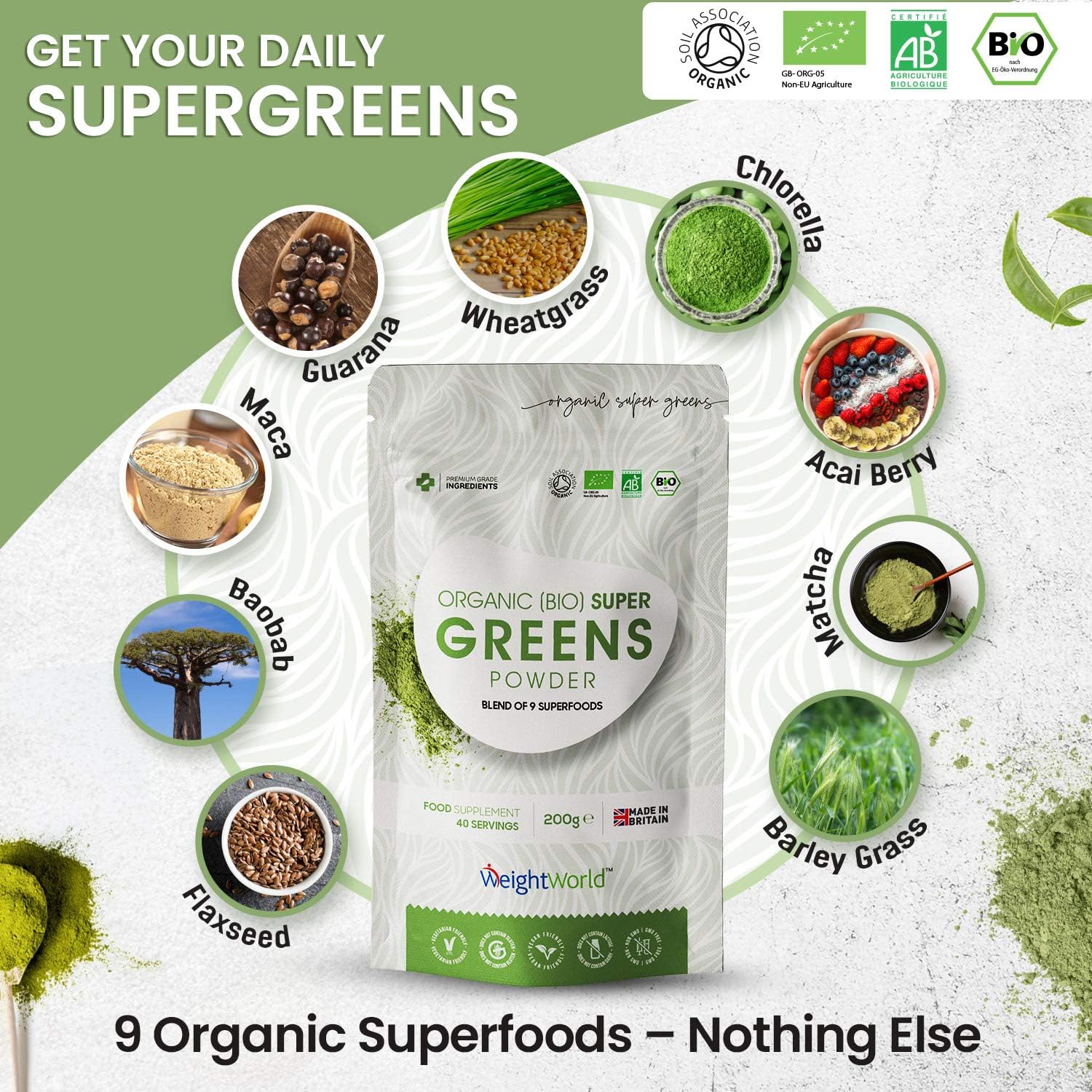 Organic Super Greens Powder, Soil Association Certified, Only Nutrient-Rich Superfoods Like Maca, Guarana & Chlorella - Image 3