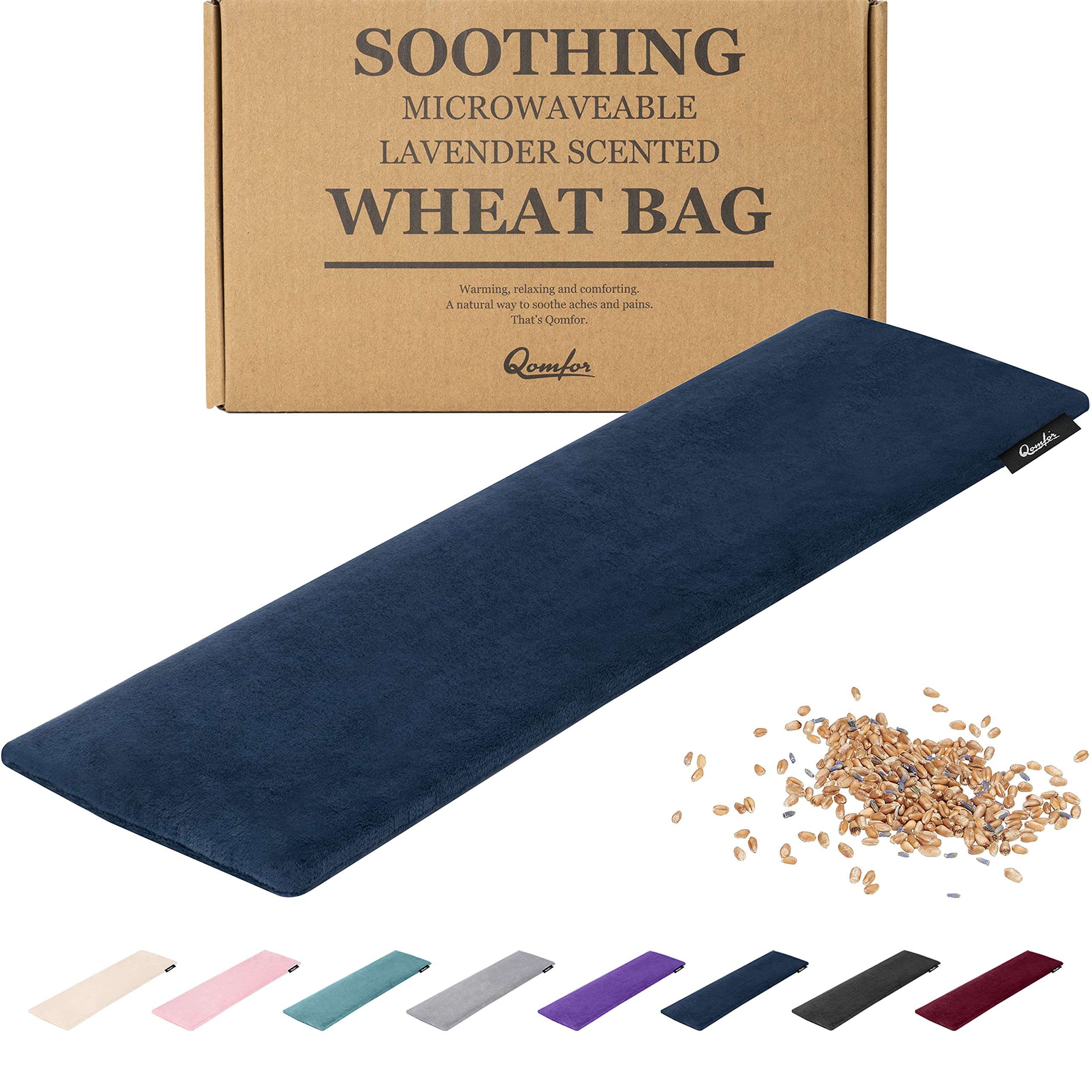 Qomfor - Microwavable Wheat Bag - Dark Blue - Lavender Scented Microwave Heating Pad/Warming Pillow - Heat Pack for Neck, Shoulders & Period Cramps Pain Relief - Reusable Hot & Cold Therapy Bag