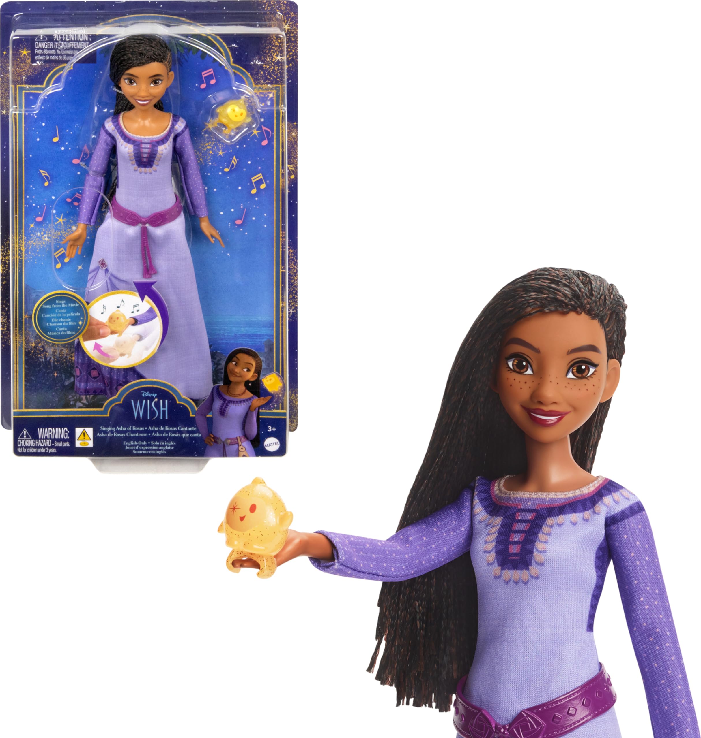 Disney Wish Singing Asha of Rosas Fashion Doll & Star Figure, Posable with Removable Outfit, Sings “This Wish” in English, HPX26