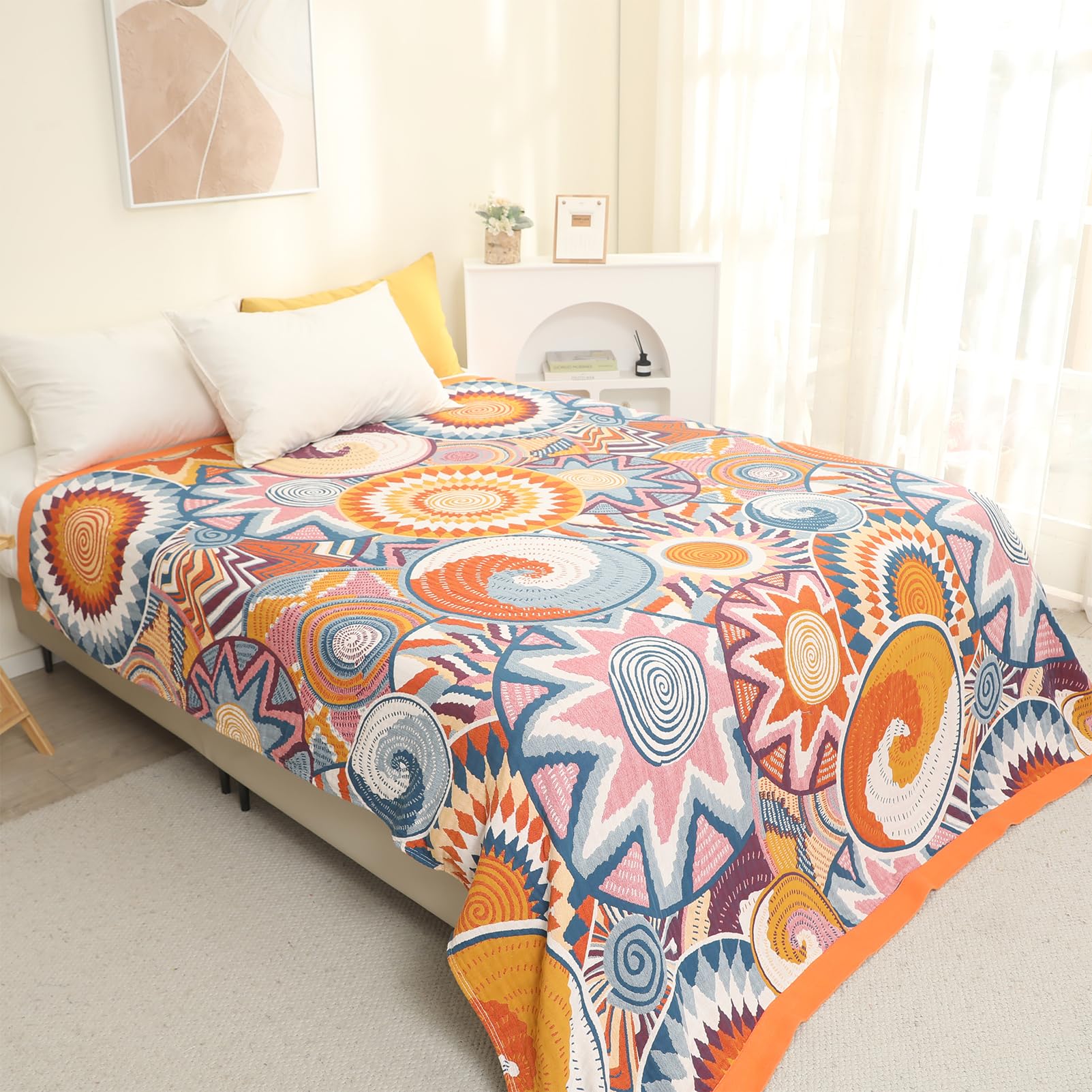 Snylcce Double-sided Bohemian Large Throw Blanket - 100% Organic Cotton Handwoven Bed & Sofa Throw, Cozy Boho Accent for 2-3 Seater Couches and Armchairs - 200x230cm,Colorful World