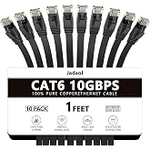 Jadaol Cat6/Cat6A Ethernet Cable 1FT 10Pack Flat 10Gbps Network Cable Black | 1FT 3FT 5FT 10FT 20FT 25FT 30FT 35FT 50FT 60FT 75FT 100FT 150FT 200FT RJ45 LAN Patch Cable for Router, Modem, Switch, Gaming