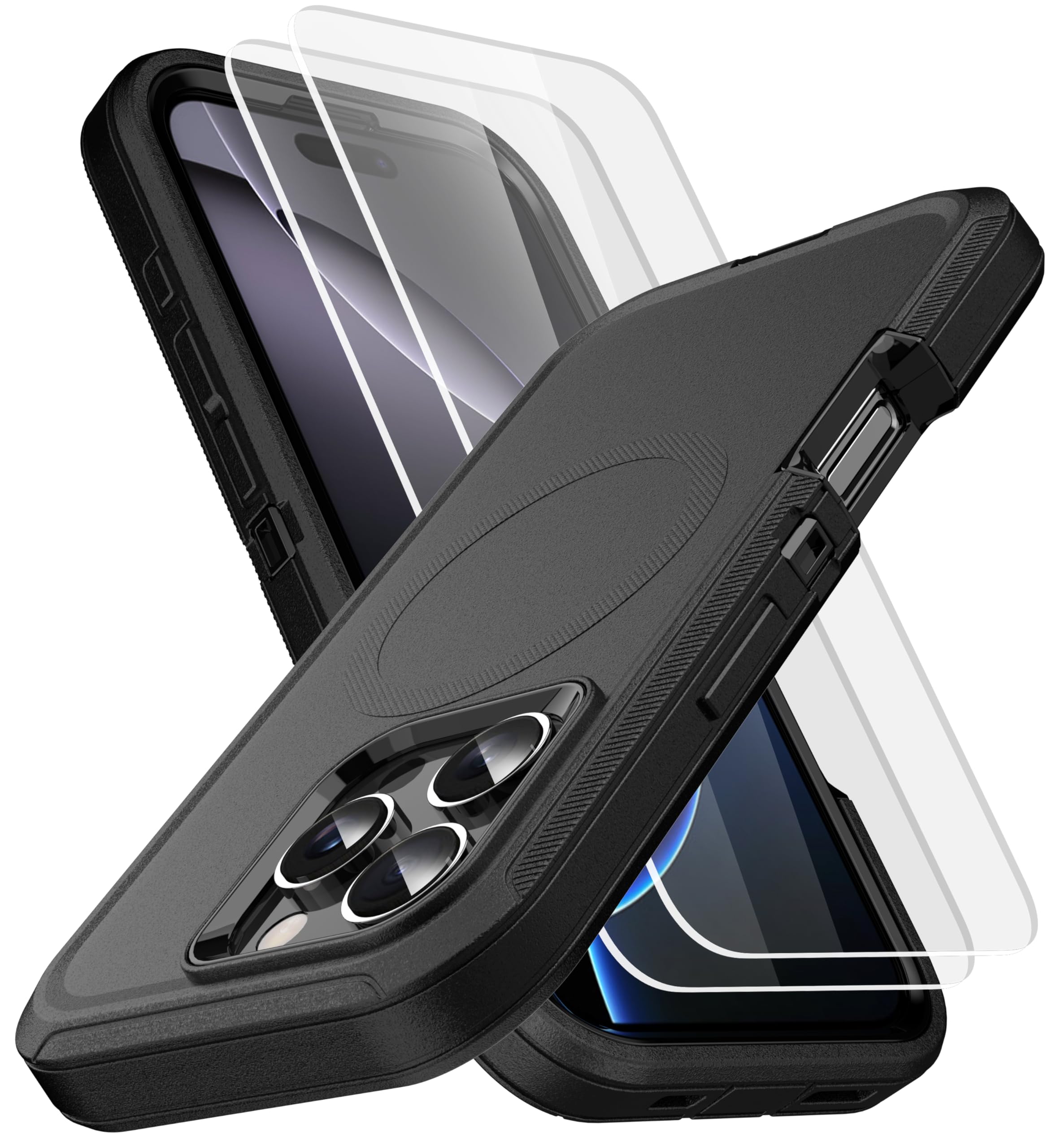 MXX for iPhone 16 Pro Max Case, Heavy Duty 3-Layer Rugged Cover with Tempered Glass Screen Protector, Shockproof Dustproof Full Body Protection (6.9") – Black