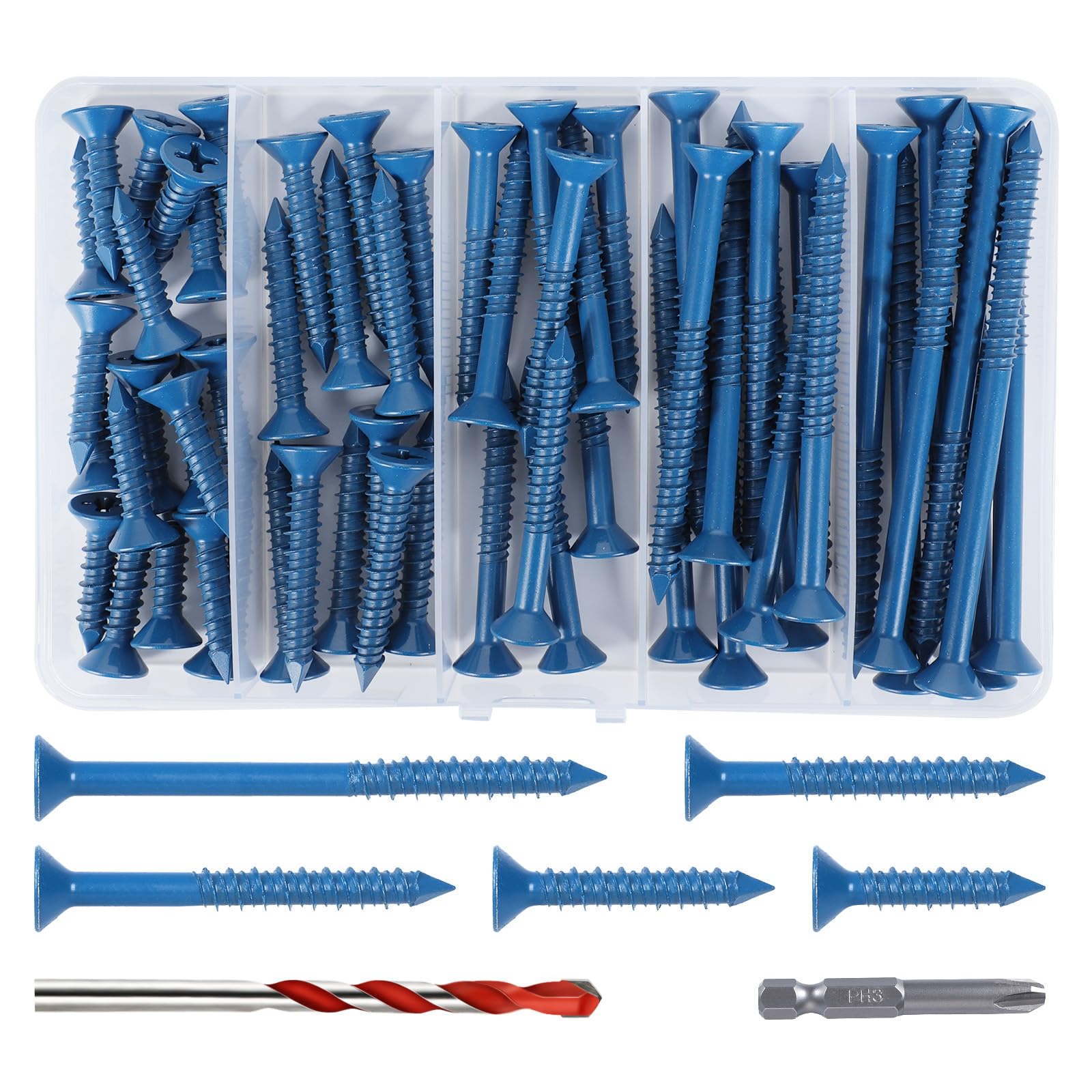 Photo 1 of 1/4" Flat Head Concrete Screws Anchor Kit, 60 PCS Blue Concrete Screws for Masonry, Cement, Block, Brick or Stucco