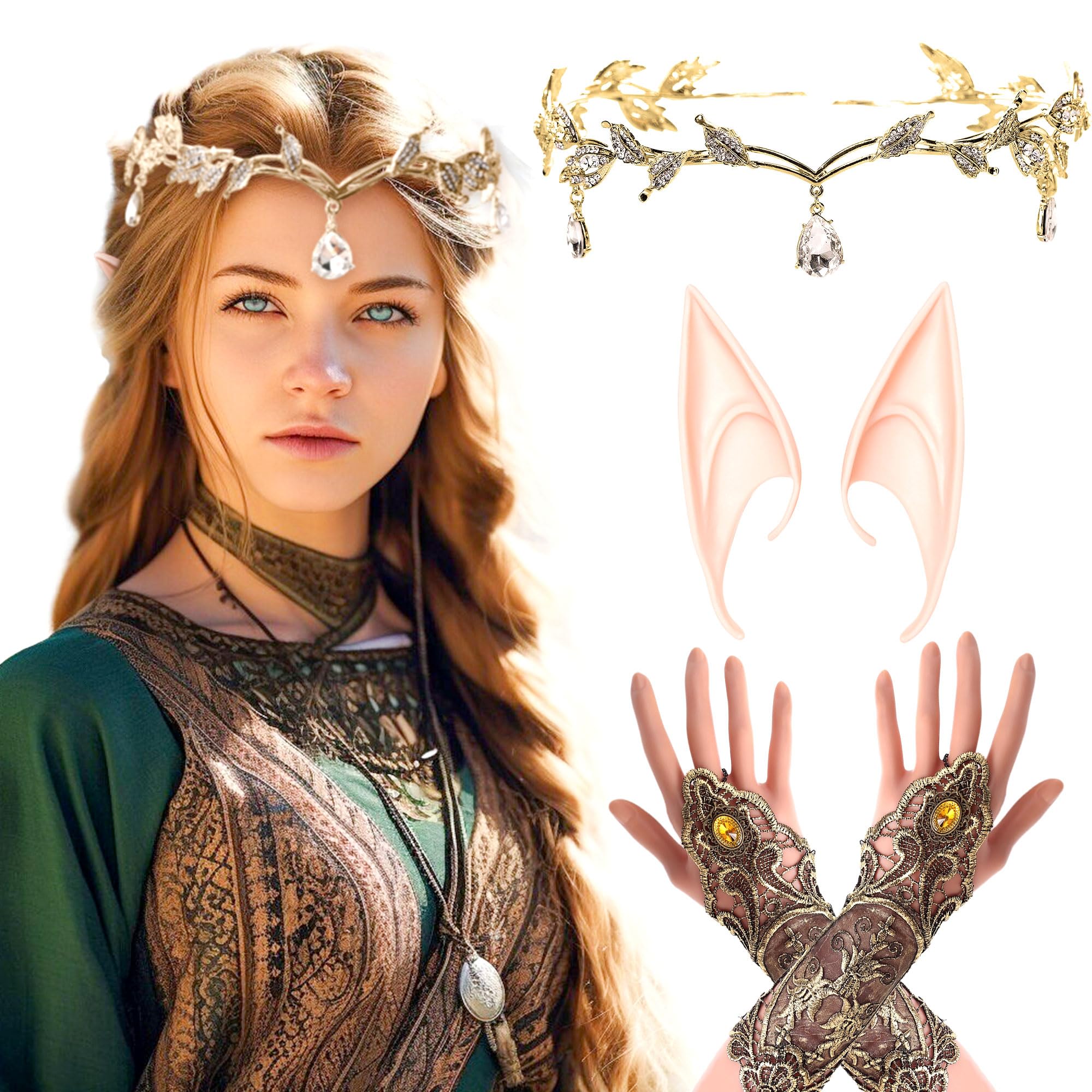 LaVenty Set of 3 Renaissance Elf Costume Lace Gloves Renaissance Headpiece Woodland Fairy Crown Headband Elf Ears Elf Renaissance Wedding Bridal Shower