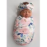 Giggle Angel Baby Girl Receiving Blankets Newborn Swaddle Baby Nursery Swaddle Set Matching Headband and Beanie Set with Birth Announcement Board