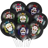 50 Pcs Halloween Sugar Skull Balloons Day of the Dead Decor 12 Inch | Dia De Los Muertos Theme Latex Balloons, 5 Designs, Skeleton Halloween Party Decorations for Mexican Fiesta Party Supplies