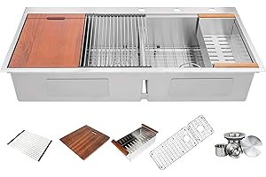 EMODERN FURNITURE 48” x 22” Workstation Topmount/Drop-in Stainless Steel Sink, 16-Gauge 60/40 Offset Double Bowl 15mm Radius, Includes Bottom Grid, Dish Rack, Colander, Strainer & Cutting Board