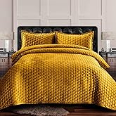 Tribeca Living Lugano Oversized Velvet Quilt Set - All Season, Extra Large, 3 Piece King Size Comforter Set with 2 Pillow Shams in Gold Honeycomb Pattern 260GSM