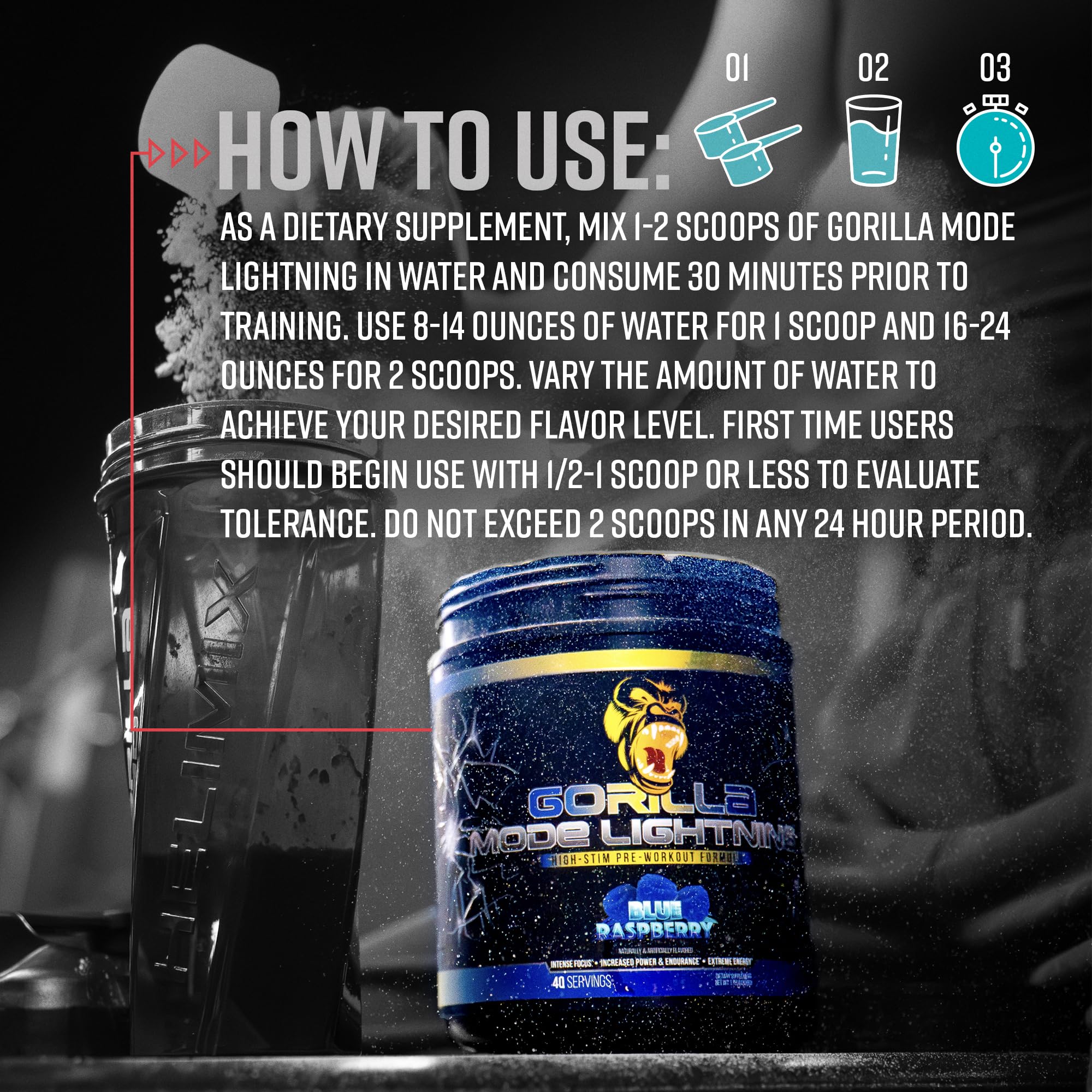 Gorilla Mode Lightning Pre-Workout - Extreme Energy · Laser Focus · Powerful Pumps · Peak Performance - 550mg Caffeine, 13500mg L-Tyrosine, Alpha-GPC– 808g (Blue Raspberry)