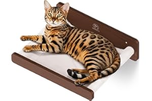 PATHOSIO PETS Cat Wall Hammock - Space-Saving Cat Wall Bed for Small and Medium Indoor Breeds - Perfect for Lounging, Playing, and Resting (Walnut Wood and Faux Fur Beige Fabric)