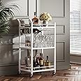 TUTOTAK Bar Cart, Home Bar Serving Cart with 3-Tier Mirrored Shelf, Wine Cart, Drink Cart, Mobile Kitchen Shelf, Rolling Beverage Cart, White BC01BW034