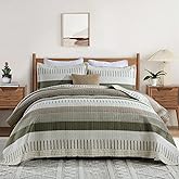 Uniclinens 100% Cotton Quilt Set Queen Size, Farmhouse Queen Quilts Bedding Set Bedspreads, All Season Striped Coverlet Lightweight Comforter Quilt with 2 Pillowshams, Olive Green/Brown/Cream/Beige