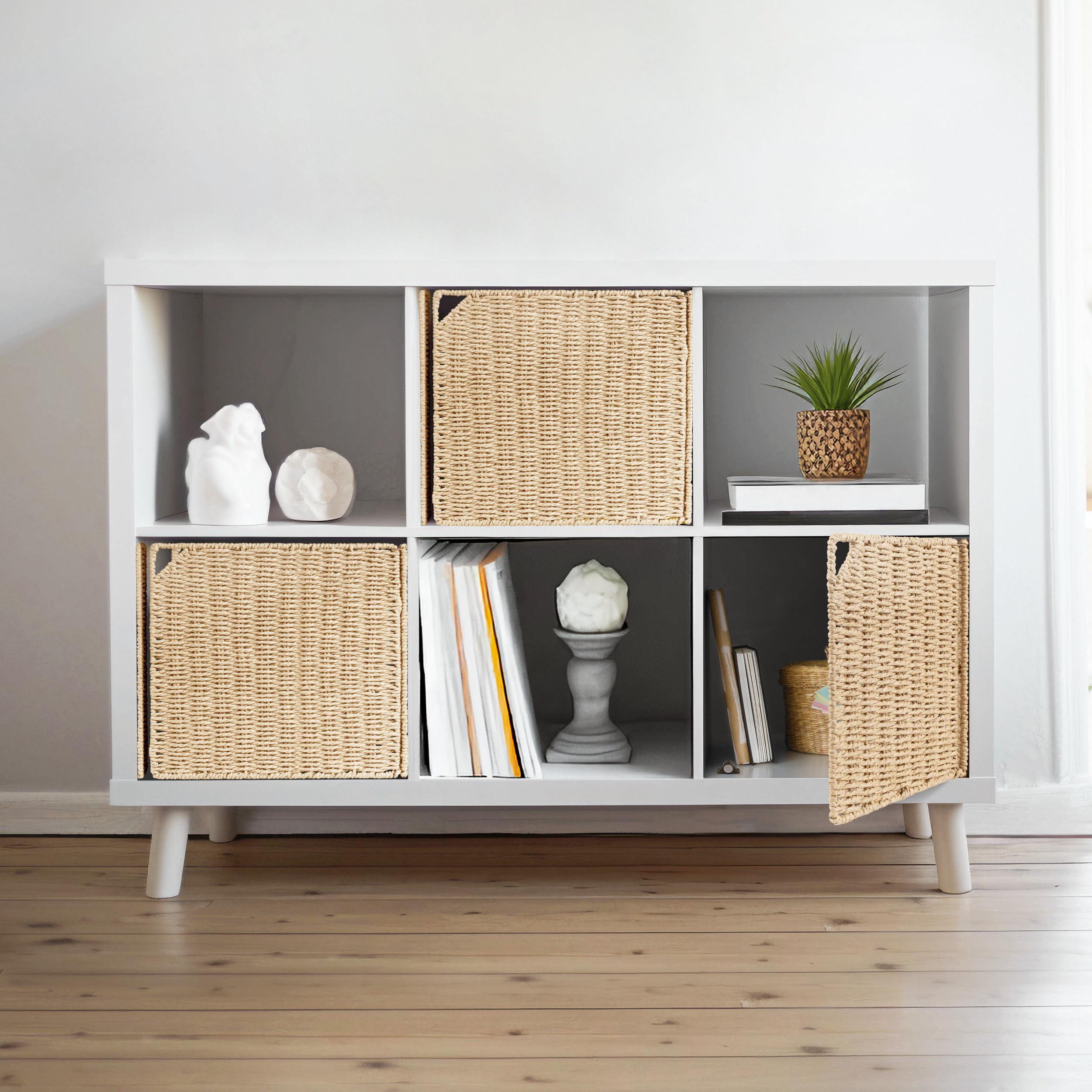 Photo 1 of (Doors ONLY)--------AELS 13" Handwoven Natural Fibre Doors for Cube Storage Shelf, Set of 3, Boho Straw Shelf Cover for Bookcase & Open Bookshelf, Rustic Farmhouse Home Decor, Beige (Door ONLY)