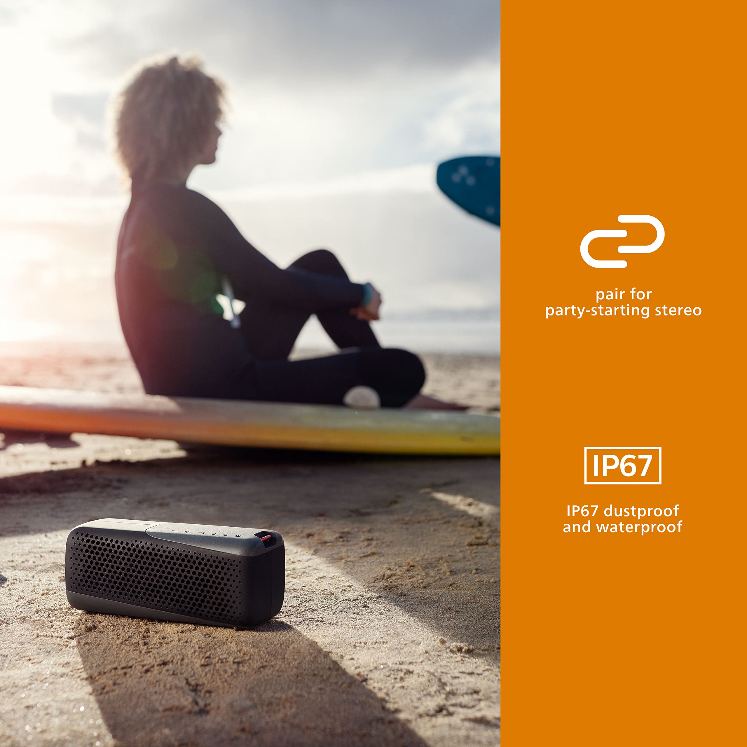 PHILIPS S4807 Outdoors Wireless Bluetooth Speaker with Stereo Pairing and Bluetooth Multipoint Connection, IP67 Waterproof, Gray