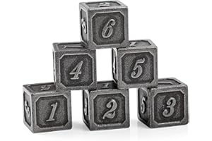 DNDND Ancient Silver D6 Dice Set, 6 Pieces Six Sides Solid Metallic Dice with Free Black Velvet Bag for DND RPG Pathfinder Shadowrun or GURPs