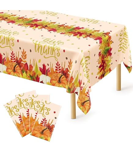 4 Pack Thanksgiving Tablecloths – 54x108 Inch Disposable Pumpkin & Fall Leaves Plastic Table Covers