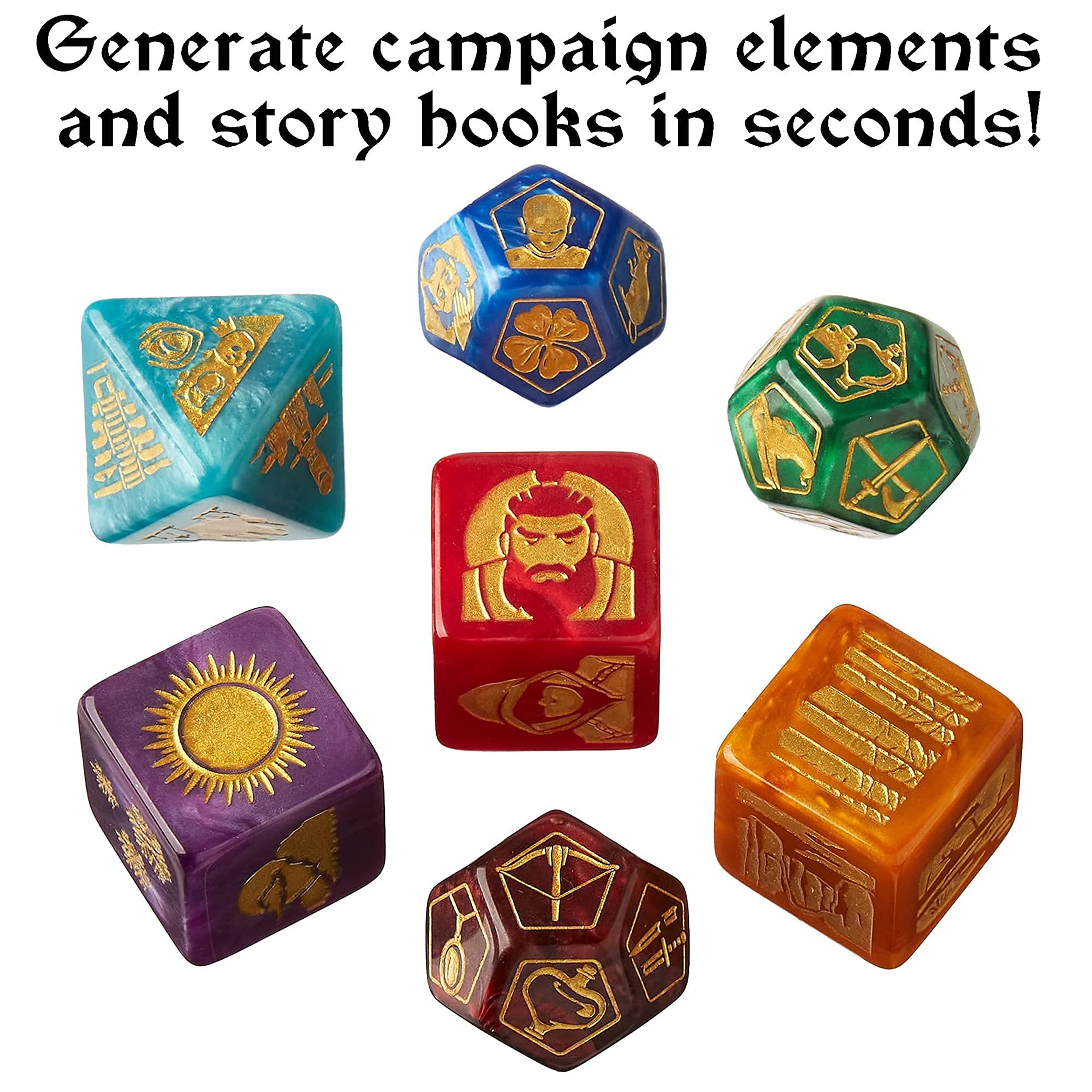 Scrying Stones - DM Scenario Dice - RPG Game Master TTRPG & D&D Accessory Set - 7 Custom Polyhedral Geek Tools for Creating Random Fantasy NPCs, Dungeons, Characters, Quests, and Treasure