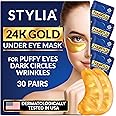 Stylia Under Eye Patches for Puffy Eyes and Dark Circles (30 Pairs) - 24k Gold Under Eye Mask with Vitamin C, Hyaluronic Acid, Pearl Extract - Eye Masks for Dark Circles and Puffiness