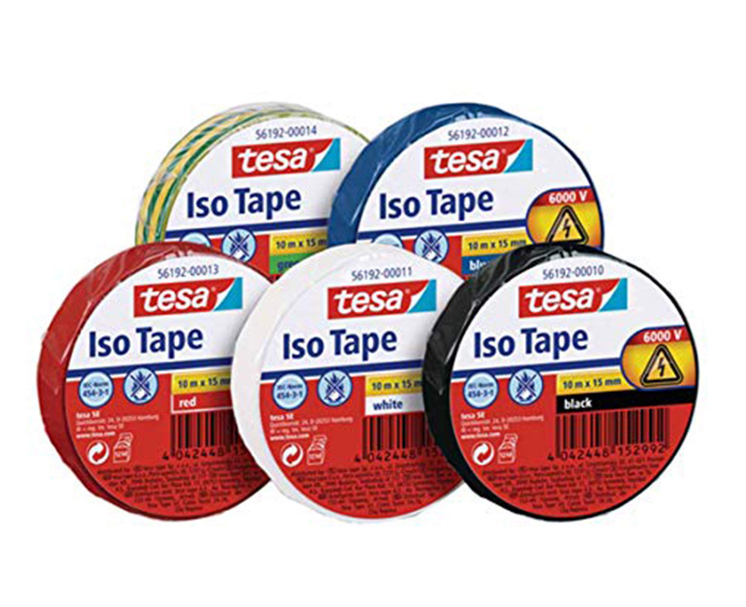 Tesa Insulating Tape 10 m x 15 mm ISO Tape (5 Pack / 5 Colours - Blue, Red, Black, Green/Yellow & White)