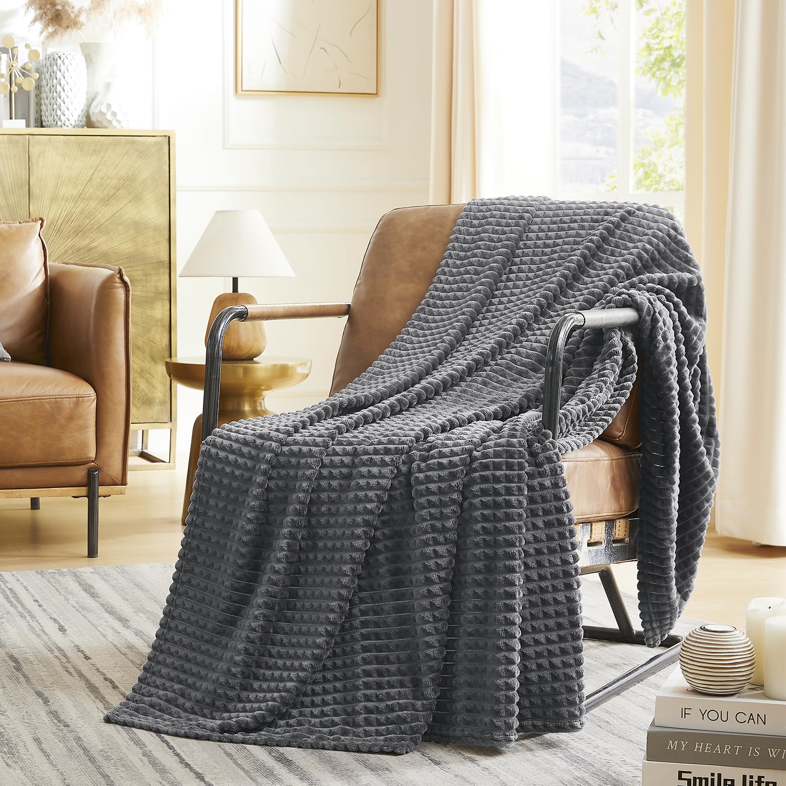KASYLAN Super Soft Flannel Fleece Throw Blanket Grid Jacquard Decorative Warm Cozy Blanket for Sofa, Couch, Bed, Camping, Travel, Suitable for All Seasons(Dark Grey, 127x152cm) — image 1