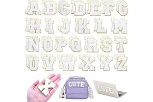 WNSIRVY 52 Pcs Chenille Letter Patches Self Adhesive Iron On Patches for Backpacks, 2.17 Inch Glitter Letter Stickers Preppy Varsity Chenille Patches for Clothing Jackets Hat Laptop (White Letters)