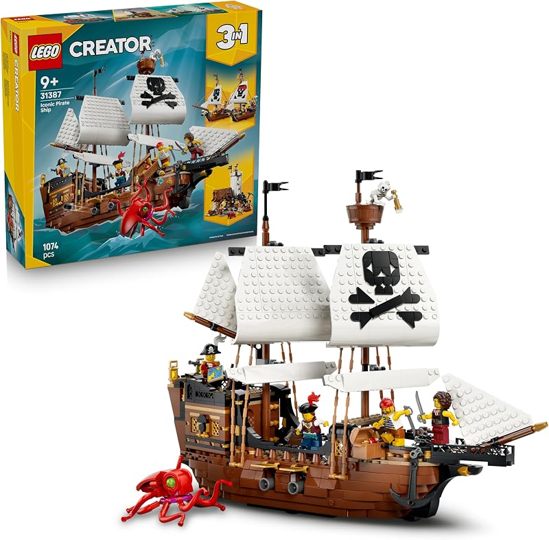Brinquedo clássico de navio pirata 3 em 1 – modelo de castelo transformável ou 2 navios gémeos – decoração de quarto – presente de aniversário para rapazes e raparigas de 9+ anos – 31387