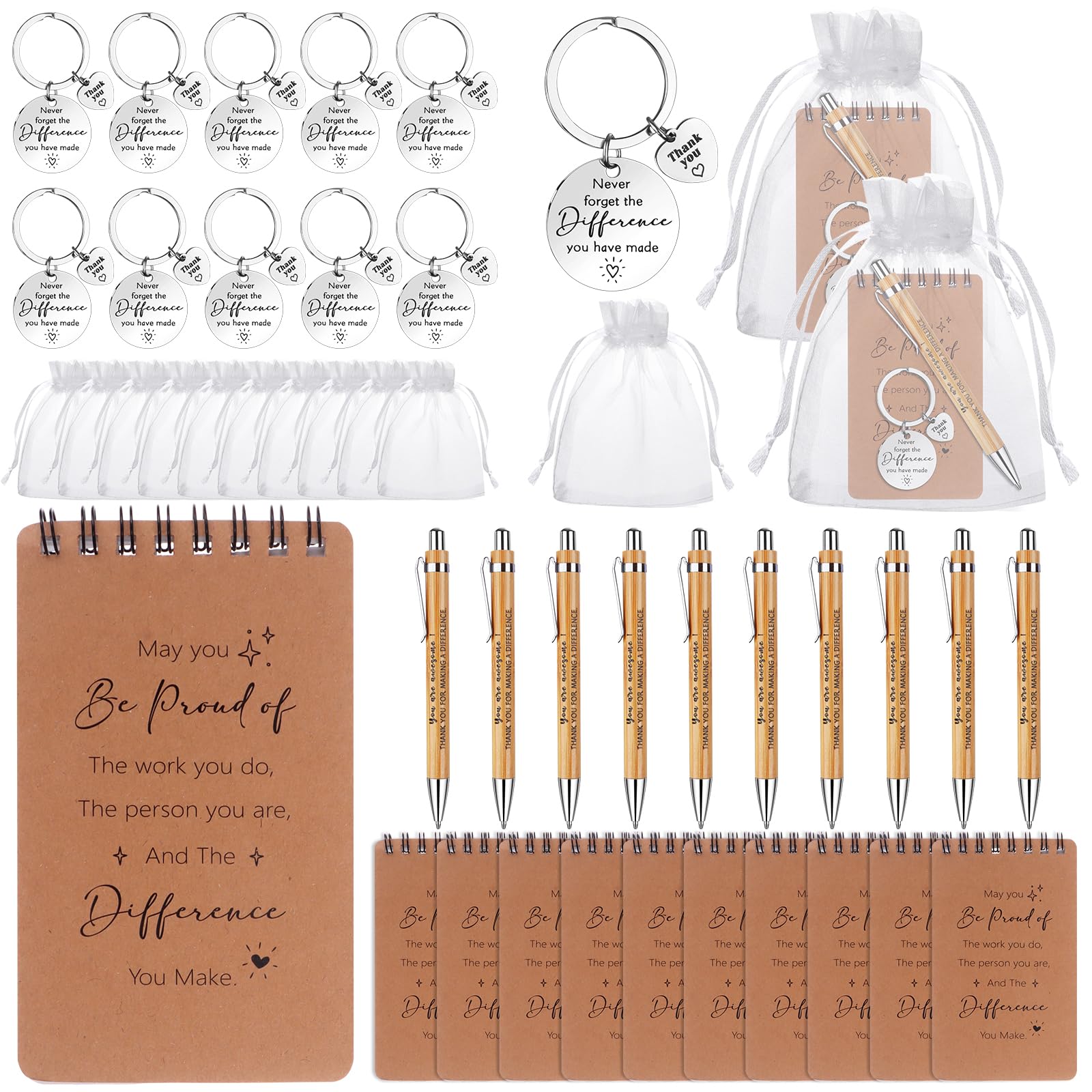 BANBAN 40Pcs Employee Appreciation Gifts Bulk Employee Motivational Notepads Inspirational Retractable Pen Thank You Keychain Organza Bag Thank You Gifts for Coworker Office Employee Teacher