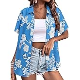 Womens Button Down Hawaiian Shirts Short Sleeve Floral Print Summer V Neck T-Shirt Casual Summer Beach Blouses Tops
