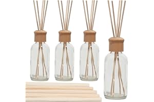 Whole Housewares Reed Diffusers for Home - Transparent Glass with Wooden Top - Elegant Empty Design - Ideal Bathroom Diffuser - 4 Pieces - Stable and Artistic Base - Oil Stick Diffuser - 4.9 x 1.9 in