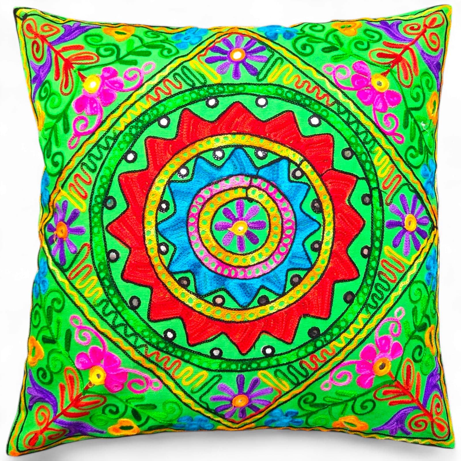 Original Kikan Suzani Multi Colour Floral Embroidery 24" x 24" 60 x 60 cms Indian Ethnic Floor Cushion Cover Sofa Pillow Zipper Vegan (GREEN)
