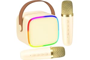VERKB Mini Karaoke Machine for Kids with 2 Wireless Microphones, Kids Toys for Girls and Boys, Portable Bluetooth Speaker with LED Disco Lights for Home Party, Birthday Gifts for Girls Boys Kid(Beige)