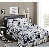 Jarson Patchwork Bedding Plaid Quilts Set Twin Size, 3Pcs Navy Blue Buffalo Bedspreads Summer Lightweight Coverlet Pillow Shams
