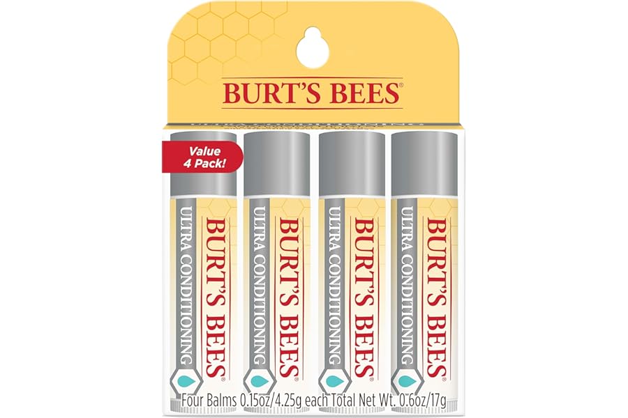 Burt’s Bees Lip Balm Stocking Stuffers, Moisturizing Lip Care Christmas Gifts for All Day Hydration, Ultra Conditioning with Shea, Cocoa & Kokum Butter, 100% Natural (4-Pack)