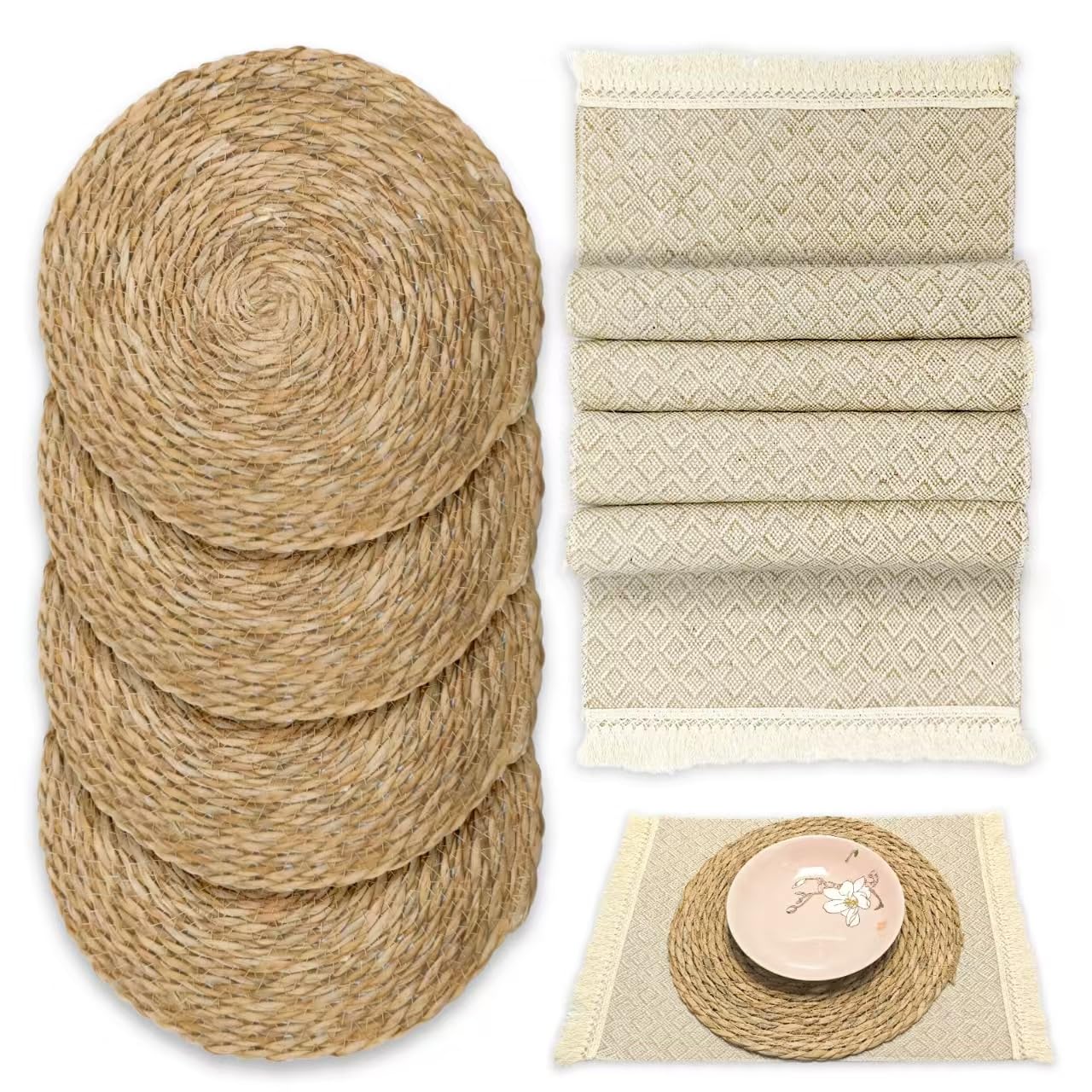 Photo 1 of Boho Placemats Set of 8 - Round Woven & Fringed Square Mats, Natural Rattan and Cotton, Farmhouse Dining Table Decor, Heat Resistant, Handmade (11.8")