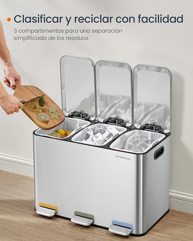 Papelera de Cocina Triple, 3 x 15 L, con Pedales, Acero