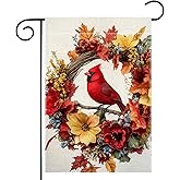 Fall Red Bird Flowers Garden Flag 12x18 Inch Double Sided Spring Summer Cardinal Colorful Floral Thanksgiving Maple Leaves Yard Outdoor Flag House Holiday Outside Decoration