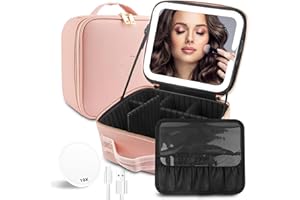 MOMIRA Makeup Train Case with Light & Mirror Large Cosmetic Organizer with Double-Sided 1X/10X Magnifying Foldable Makeup Mirror & Pink Jewelry Box, Suitsmall