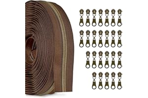 Zynzaoacs #5 Zipper by The Yard with Pulls, Continuous Brown Tape (10Yds) and Antique Brass Pulls (25Pcs), Bulk Zippers for Sewing Bags and Purses, Cuttable Nylon Zipper Roll