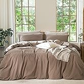MooMee Bedding Duvet Cover Set 100% Washed Cotton Linen Like Textured Breathable Durable Soft Comfy (Solid Brown, Queen 90"x90")