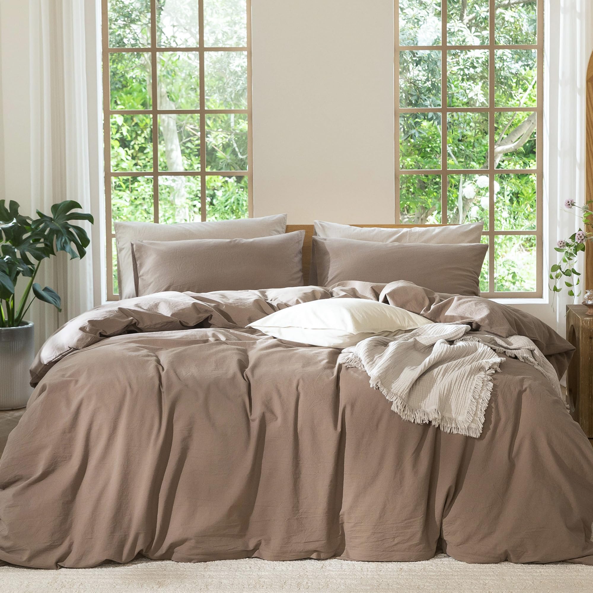 Photo 1 of MooMee Bedding Duvet Cover Set 100% Washed Cotton Linen Like Textured Breathable Durable Soft Comfy (Solid Brown, Palatial King/Oversized King 120"x98")