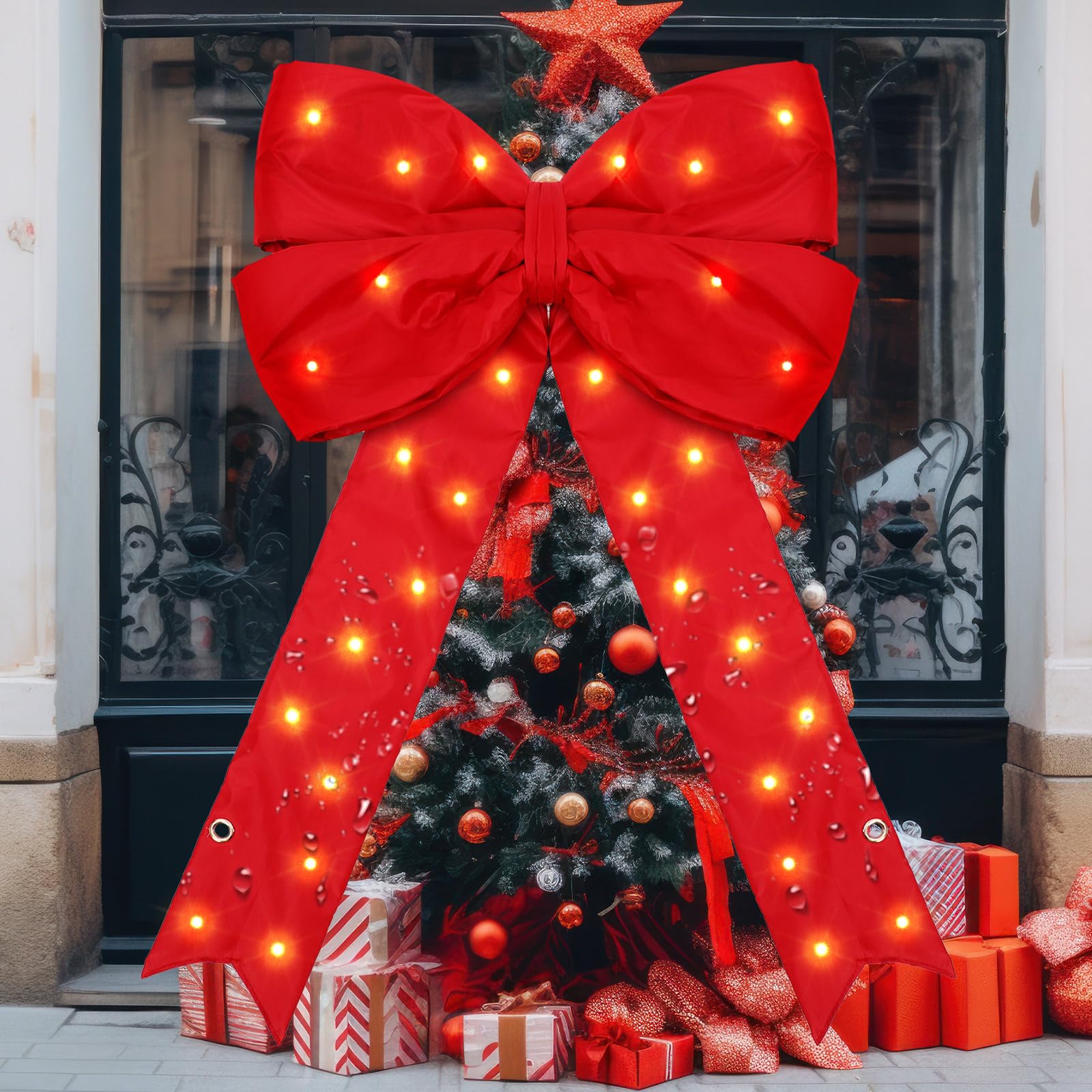 Photo 1 of ***MAJOR DAMAGE*** ***READ CLERK NOTES*** Moucuny Large LED Red Christmas Bow Xmas Giant Lighted Glitter Bow Tree Topper Ornament Sparkly Christmas Bowknot for Xmas Tree Wreath Home Outdoor Front Door Holiday Decoration(Cute,24 x 36 Inch)