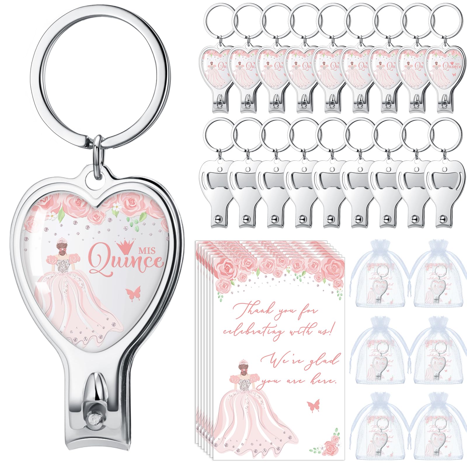 Photo 1 of Landical 25 Sets Pink 15th Quinceañera Party Favors Includes Quince Keychain Bottle Opener Nail Clipper Thank You Cards Organza Bags for Guests Sweet 15 Birthday Party Adults Souvenirs