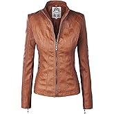 Made By Johnny MBJ Womens Faux Leather Zip Up Moto Biker Jacket with Stitching Detail