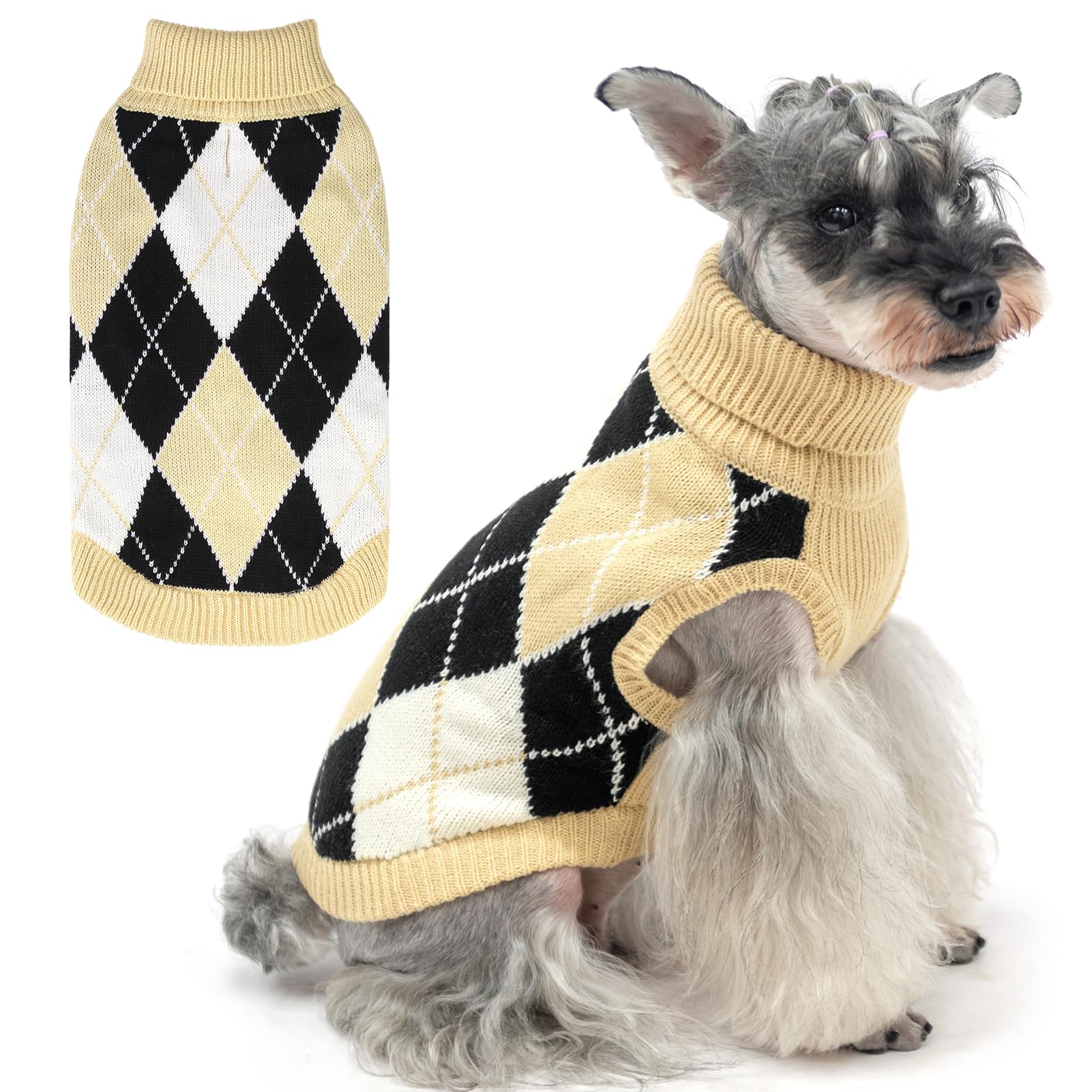KOOLTAIL Small Dog Jumper, Knit Turtleneck Cold Weather Dog Sweaters for Medium Large Dogs, Soft Diamond Plaid Pullover Knitwear Dog Winter Warm Clothes, Pet Coat Puppy Sweater for Girls Boys M